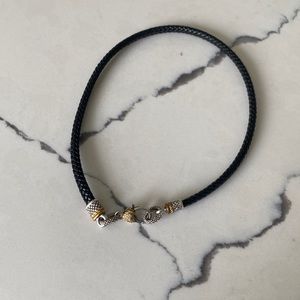 Judith Lieber black leather choker. Silver & gold with diamond pavé heart clasp.